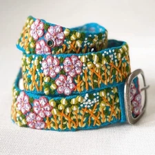 Jenny Krauss Windswept Multicolor Blue Back Floral Embroidered Wool Belt S M L