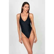 Ayra The Hype Cheeky One Piece Swimsuit Black Solid Medium EUC Scoop Front Swim