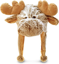 Brown Moose Plush Hat - Super Soft Warm Hat with Ear Flaps, Cozy Fleece Winter H