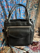 Beautiful little Jet black leather FOSSIL bag with key charm/Size S/Side pockets