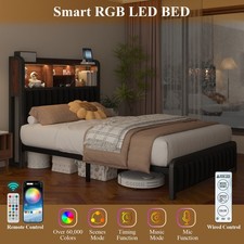 Full/Queen Size Metal Bed Frame with Storage ChargingHeadboard, LED Lights