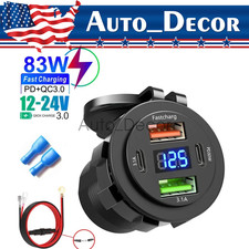 12V-24V PD  QC3.0 Dual USB Car Fast Charger Power Socket Outlet LED Voltmeter