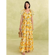 FARM Rio Peppers Maxi Dress (Sz XL) Ruffled Cotton Tassels Off-White Yellow