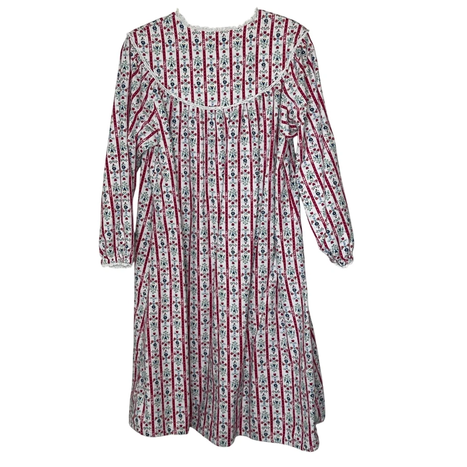 Lanz of Salzburg Nightgown Medium Long Sleeve Floral Striped Cotton White Red - Image 2 of 4