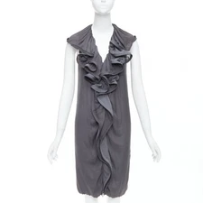 LANVIN 2008 grey silky trimmed ruffle collar V neck knee dress FR34 XS