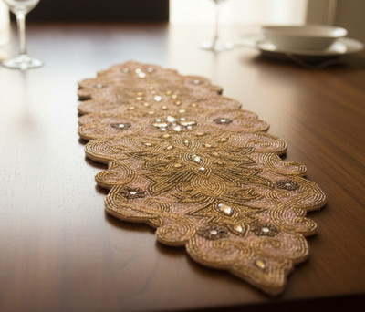 Beads Table Runner Gold And Beige Designer Table Topper Luxury Tableware 13X36In