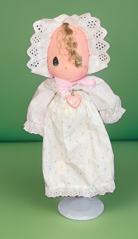 Precious Moments Rag & Cloth Girl Doll 15in Blonde Curly Hair Blue Eyes Bonnet