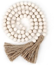 58in Wood Bead Garland with Tassels, Farmhouse Rustic Country Decor White