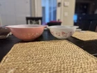 Vintage Pyrex 444 pink Gooseberry Cinderella mixing bowl & White / Pink 443 Bowl