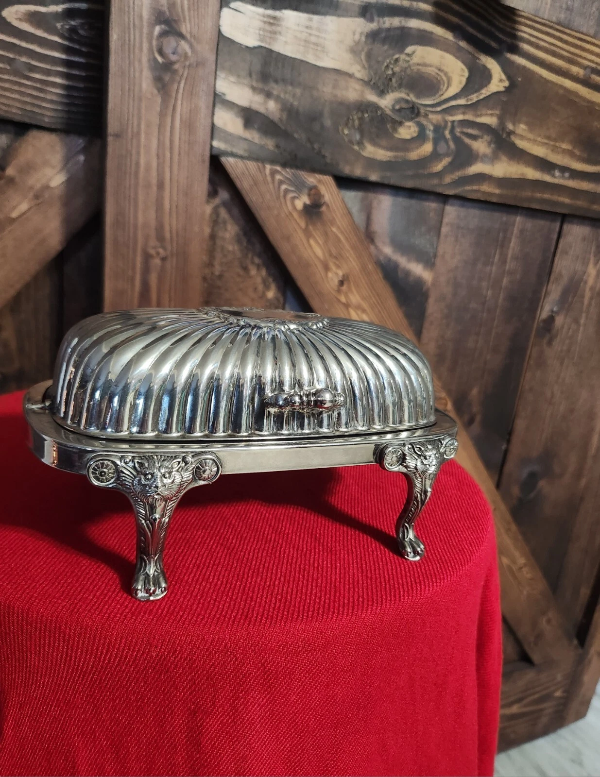 STUNNING Antique Lion Face Channeled Neoclassical Style Silverplate Butter Dish