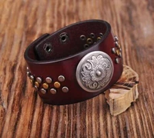 Mens Western Flower concho Studded Wide Leather Wrap Wristband Bracelet Cuff