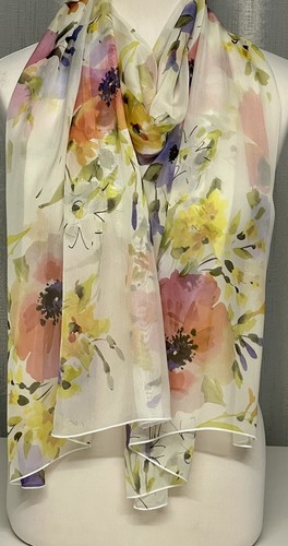100% Mulberry Silk Chiffon Scarf - Floral Watercolour Pastel Poppies - 65x200cm - Picture 3 of 9