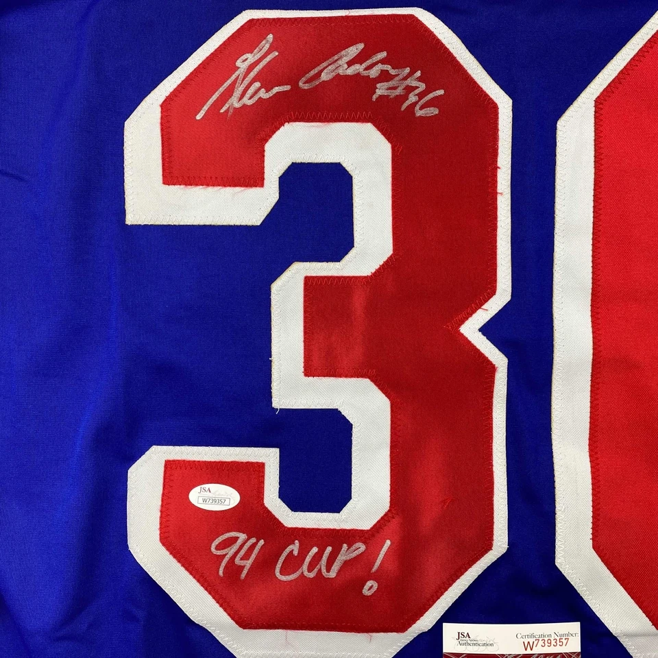 Camiseta deportiva azul autografiada/firmada de Glenn Anderson 94 SC Champs certificado de autenticidad JSA Foto 3 de 4