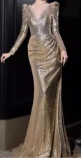 Trendy V Neck Long Sleeve Shine Sequins Bodycon Fishtail Gown Wedding Dresses
