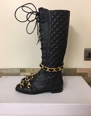 MOSCHINO COUTURE 25mm Chain Quilted Leather Knee Boots - Black - UK 3 / EU 36 