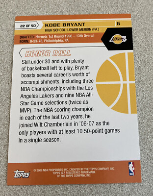 2008 Topps 50 #22 Kobe Bryant Lakers | eBay