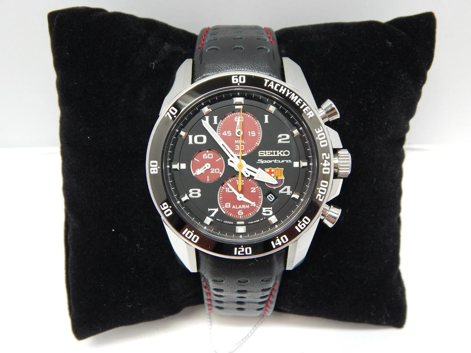 NUEVO RELOJ SEIKO SPORTURA FC Barcelona rojo y negro acero inoxidable cuero SNAE75