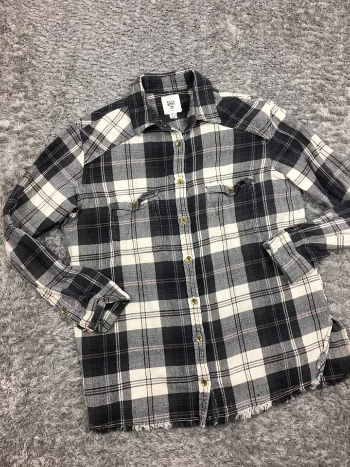 Billa Bong Flannel Button Up Womens Size Medium Gray Brown Plaid Long Sleeve - Image 3 of 4