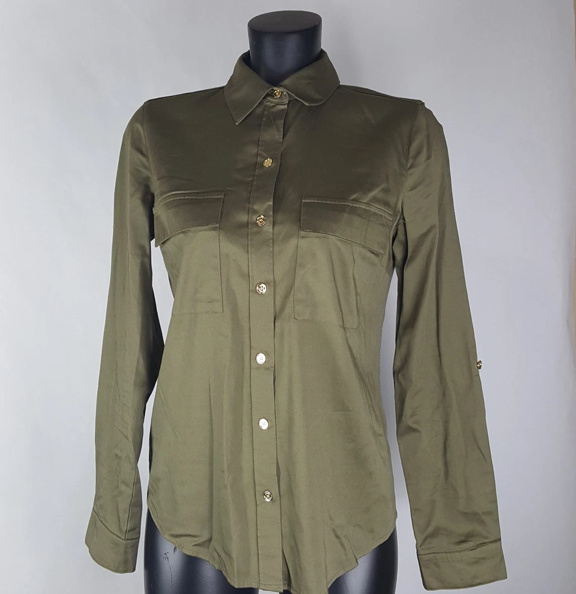 Michael Kors Sz 4 Blouse Womens Olive Green Button Front L S Gold