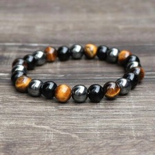 Natural Tiger's Eye Obsidian Hematite Stone Beaded Bracelet for Strength Balance