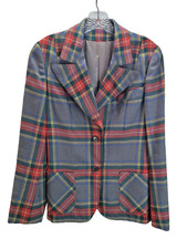 Vintage Aljean Pure Virgin Wool Women's Red Gray Blue Plaid Blazer 2 Buttons