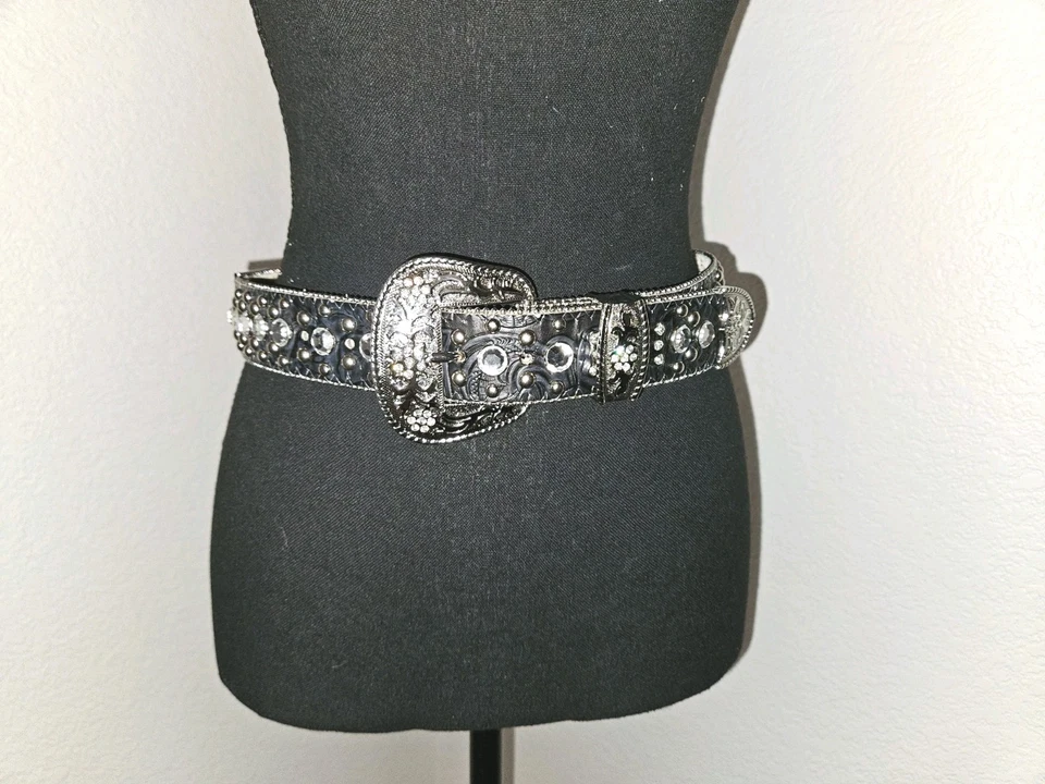 ¡Nuevo! Cinturón de cuero vaquero BHW Western estrás de cristal negro talla XS 25-29 Foto 2 de 4