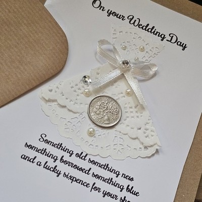 Personalisierte handgefertigte Andenken-Geschenkkarte Hochzeitstag Glücksbringer Sixpence UK