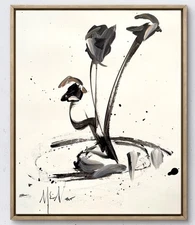 Maria Art BLACK FLOWERS WHITE BACKING 14x17 PAPER Abstract Modern Decor Original