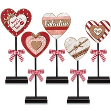 5 Pcs Valentine's Day Heart Table Decor Rustic Distressed Red