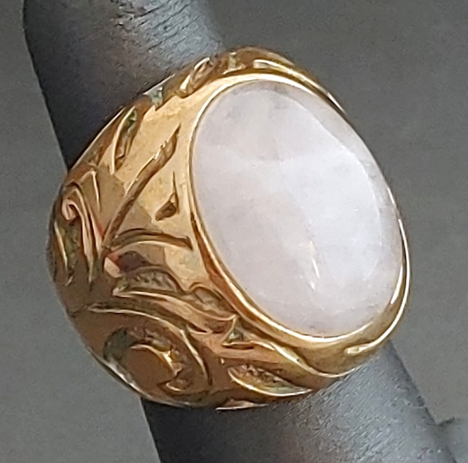 SK Thailand Engraved Brass Light Rose Quartz Cabochon Ring Size 5