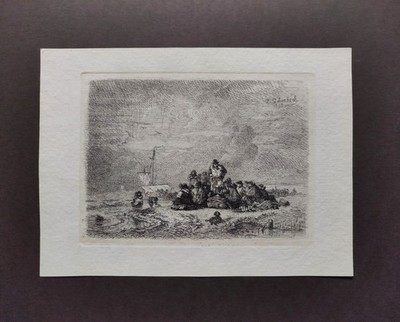Andreas Achenbach (1815-1910)  original Radierung '' Matrosen am Strand '' 1850