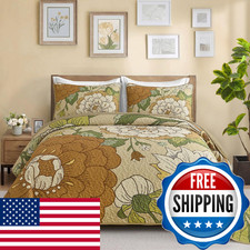 DJY Floral Quilt Set King Size Boho Bedspread Coverlet Set, Khaki and Green Bota