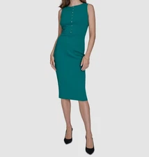 Halston Women's Green Star-Seamed Round Neck Sleeveless Sheath Dress Size 10