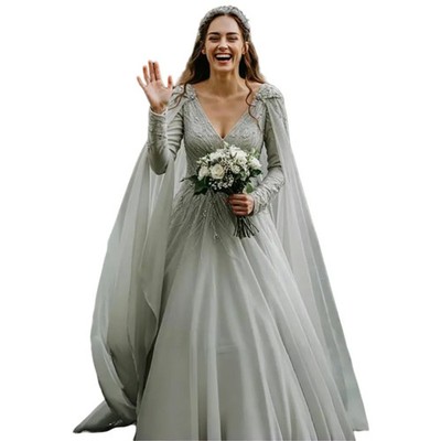 elegant silver wedding dresses Silver Embellished Tulle Ball Gown with Cape Sleeves – Elegant Glitter  Formal Dress main image 0