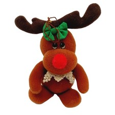 Russ Berrie Reindeer Plush Christmas Ornament Red Nose White Collar 4" Vintage