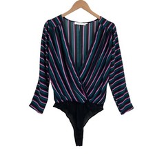 ASTR The Label Bodysuit Womens M Multi Striped Pleated Long Sleeve Surplice Neck