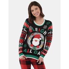 No Boundaries Women's 'Santa Sleigh All Day' Ugly Christmas Sweater, SZ M 8-10 