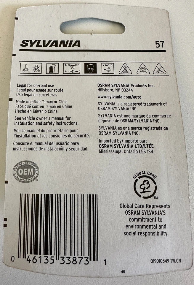Pacote com 2 lâmpadas Sylvania 57 painel incandescente branco painel de instrumentos luz mapa - Imagem 3 de 4