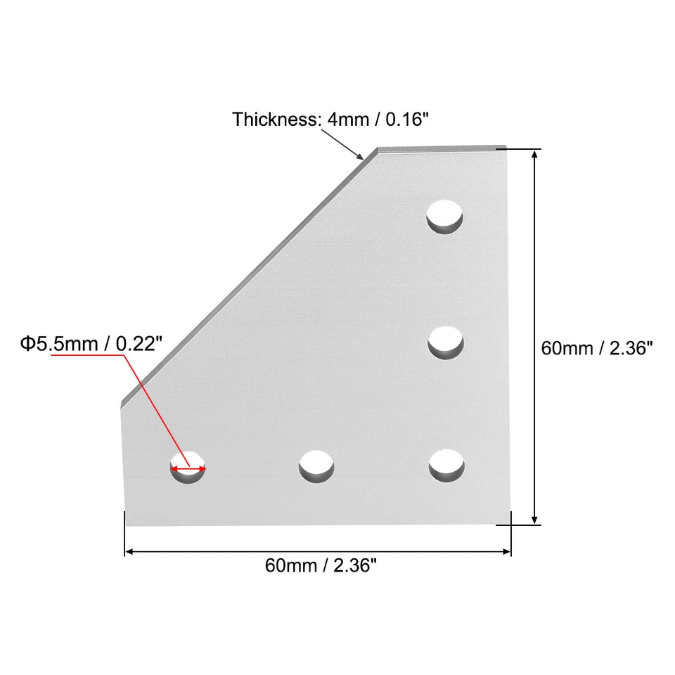 Placa unión exterior 5 orificios para Perfil aluminio 2020,4 uds (plata) - Imagen 2 de 4