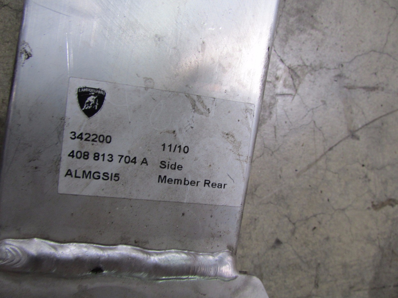 Lamborghini Gallardo, LP550, 560, 570 RH Right Rear Side Member, P/N 408813704A