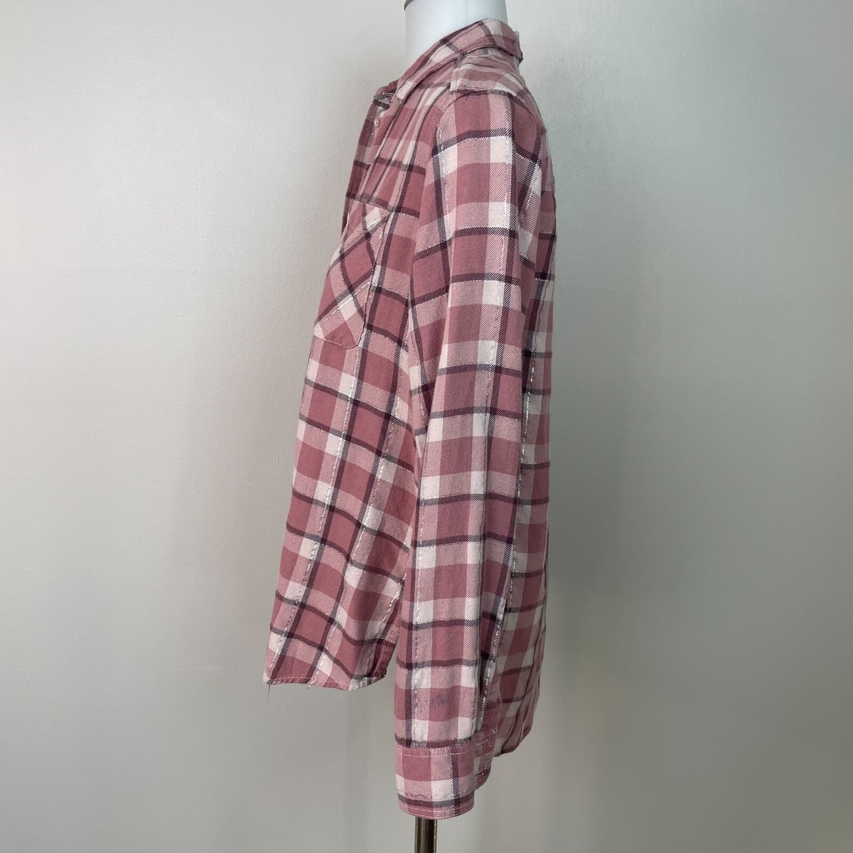 Express Top XS Pink Plaid Flannel Boyfriend Fit Button-Front