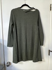 Cotton Emporium Ripped Neck Sweater Dress Cutout Swing Knit Green S