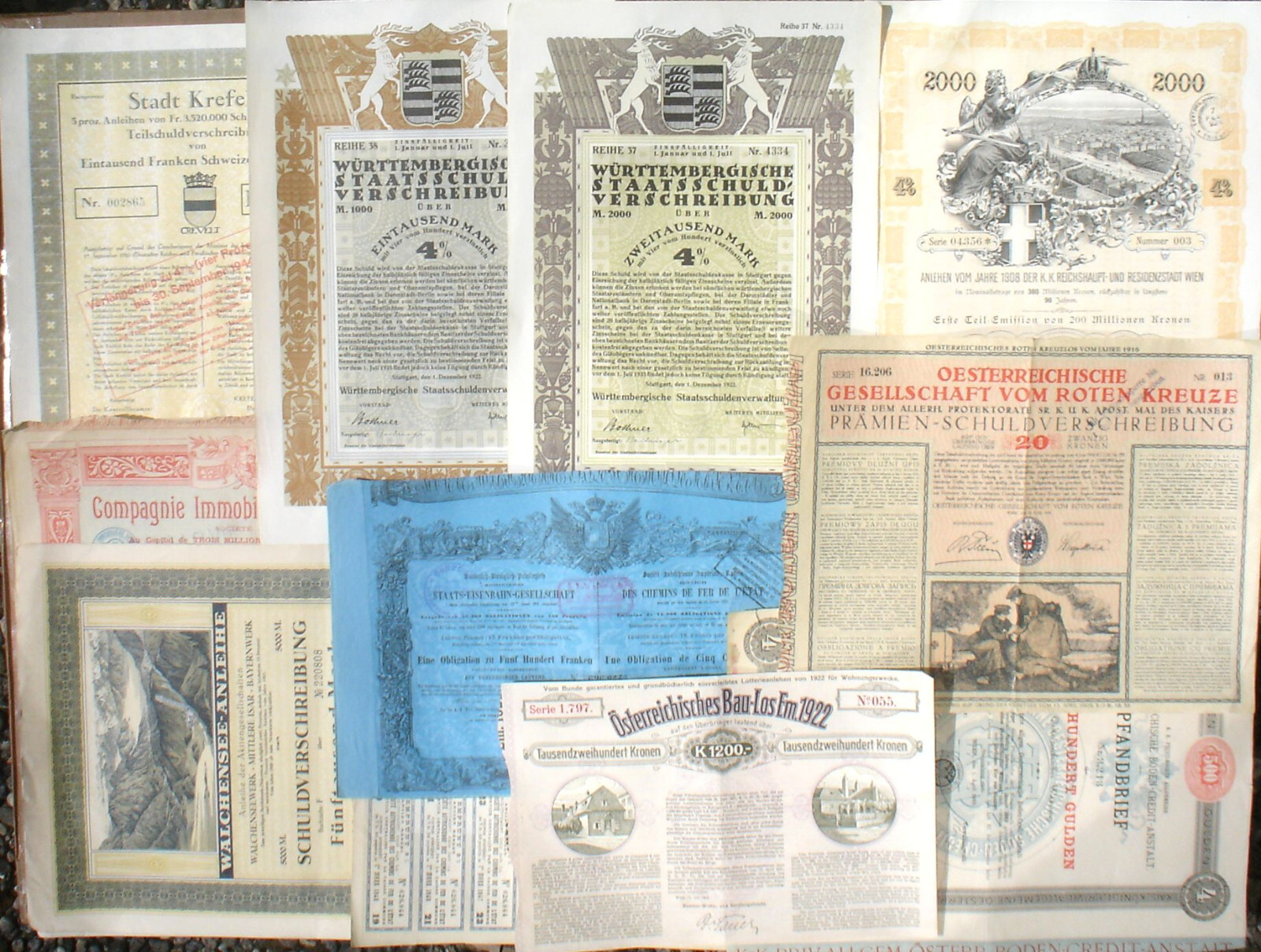 10 X Decorative Austrian + German City Bonds All Are Uncancelled