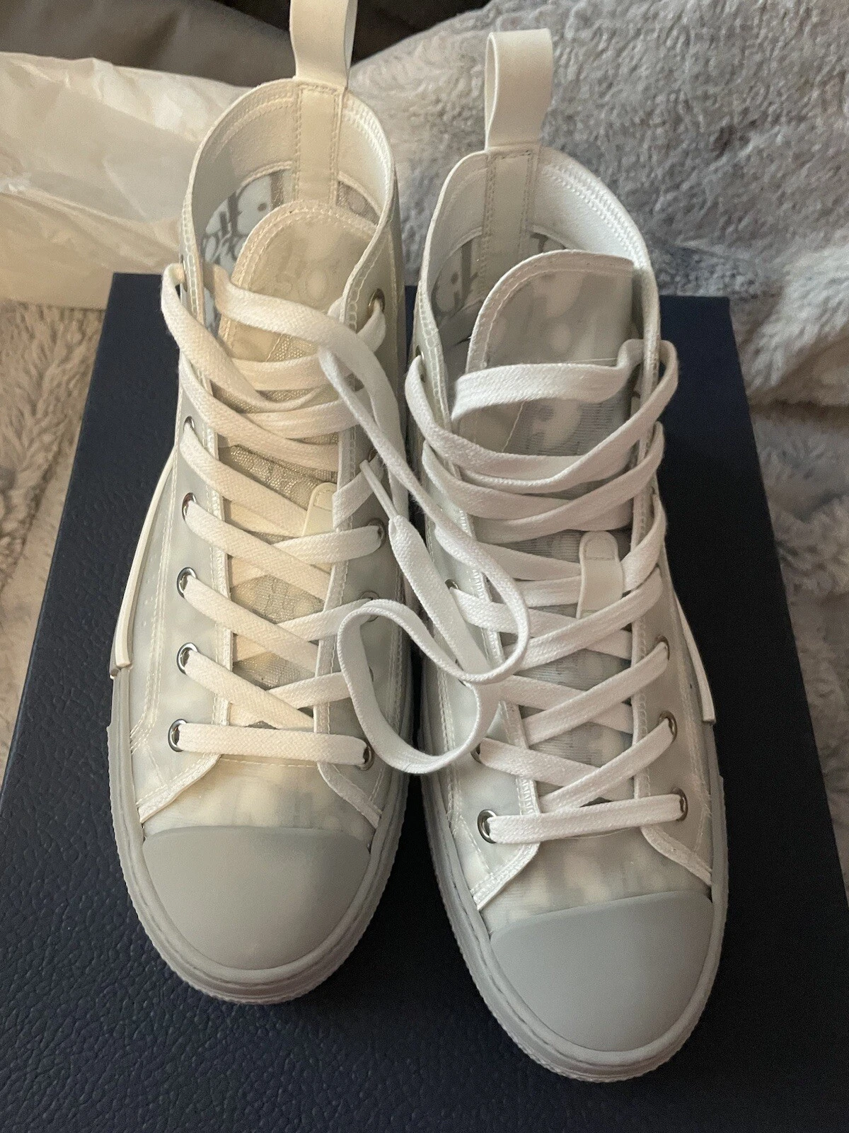 Neuf avec COA Dior B23 BASKETS HAUT blanc/gris toile oblique taille M  B23
