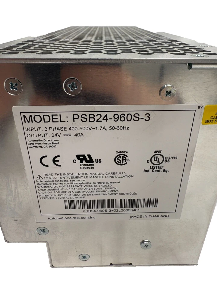 RHINO PSB24-960S-3 Power Supply, 3 PH 480VAC Input, 24 VDC @ 40A/960W Output - Image 3 of 3