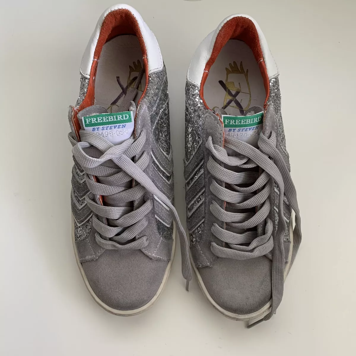 Freebird By Steven 6 M Sneakers Tennis Shoes Athletic Silver Glitter Chevron