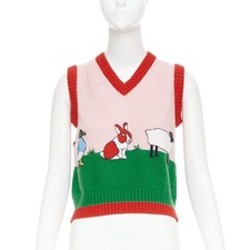 GUCCI 2017 rosa verde fattoria animale intarsiato lana maglia maglione gilet XS