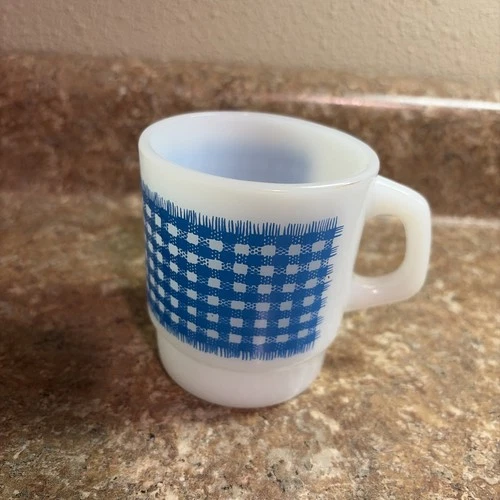 1 Vintage Anchor Hocking Gingham Milk Glass Stacking Mug, Turquoise, EC