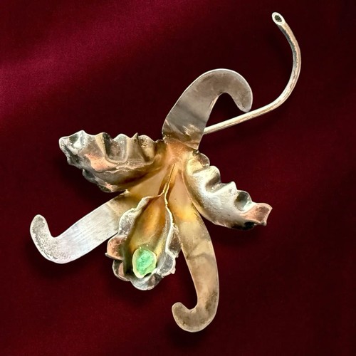 Antique Art Nouveau Silver Brooch Orchid Flower Green Stone 900 Pin