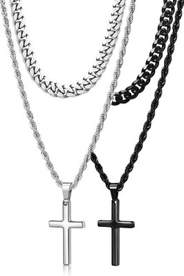 Romass Easter Basket Stuffers 4Pcs Chain-18in/Necklace-20in, Silver+Black 